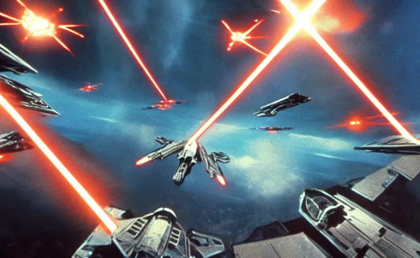 Image similar to iconic cinematic screen shot of scene x wing dogfighting tie fighters over waterfall canyon planet, from the action packed scene from the 1 9 7 0 s star wars sci fi film by stanley kubrick, glowing lasers, kodak film stock, anamorphic lenses 2 4 mm, lens flare, iconic cinematography, award winning