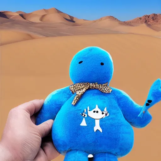 Image similar to blue'snappy gifts'logo human - sized plush doll, looking at the camera, in the desert, holding gift, happy atmosphere, high detail, 8 k