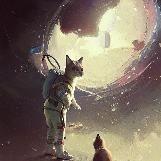 Prompt: kitty cat tabby spaceknight astronaut wearing a nanotech vest while standing next to a portal cristi balanescu ross tran ismail inceoglu dug stanat jakub rebelka oil painting impasto