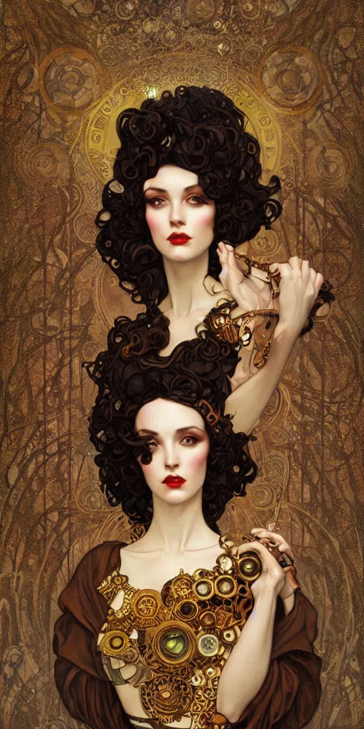 Prompt: prettiest woman with curly dark hair in steampunk costume, art deco, mucha klimt and tom bagshaw, art deco, rim lighting, low key lighting, character concept, oil painting, mike mignola