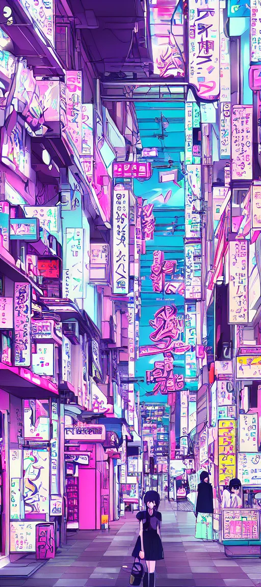 Prompt: beautiful anime! style vaporware tokyo japan, kawaii anime manga style, pink purple, illustration, minimal, neon pastel, akihabara