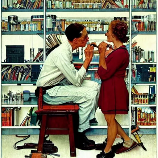 Image similar to male and female scientists in love with each other instead of researching, by norman rockwell