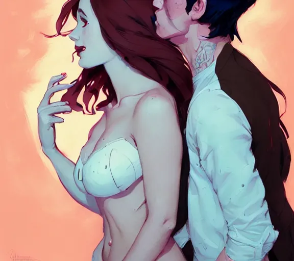 Prompt: portrait of eric kissing ariel by atey ghailan, by greg rutkowski, by greg tocchini, by james gilleard, by joe fenton, by kaethe butcher, dynamic lighting, gradient light blue, brown, blonde cream and white color scheme, grunge aesthetic