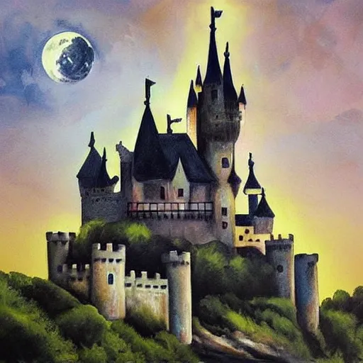 Image similar to Castle+moon+river+painting+ evil+smoke