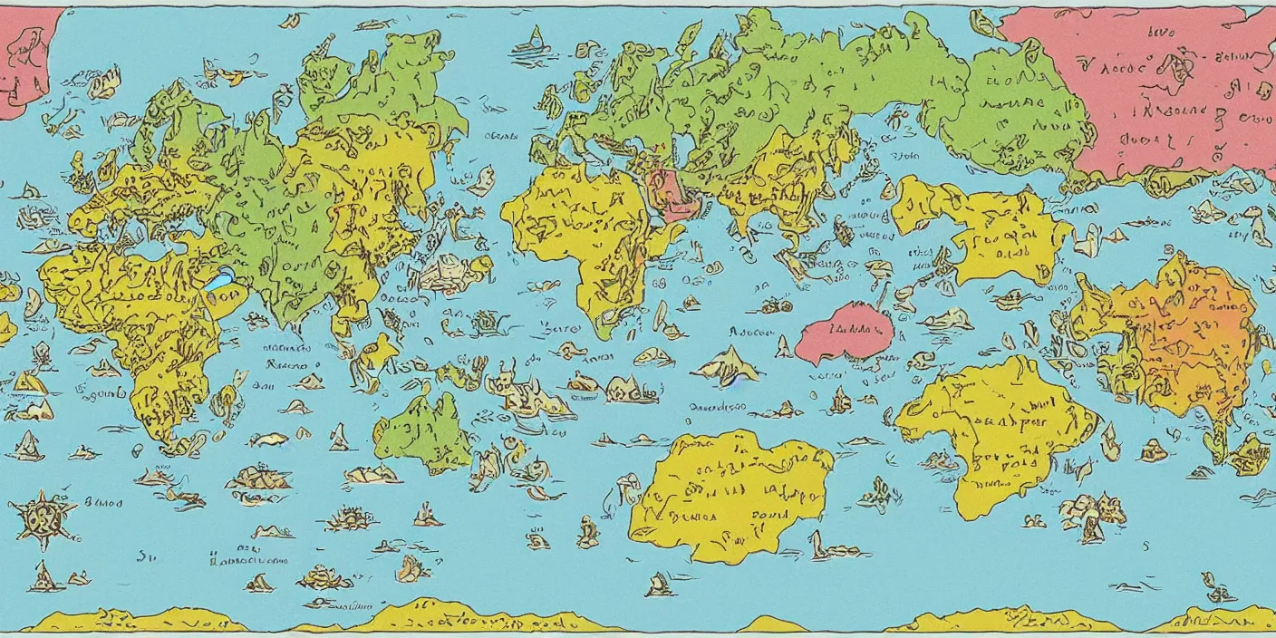 Image similar to a rpg map with continent with regions in separated colors surrounded by ocean detailed, flat colors and strokes