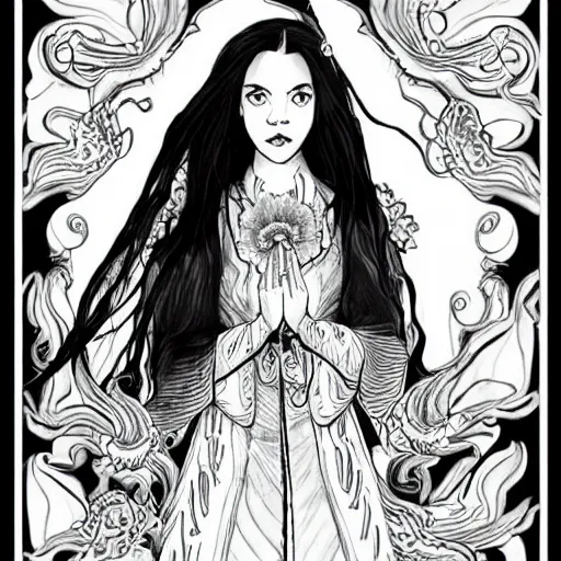 Image similar to black and white pen and ink!!!!!!! Suprani!!!!! wizard beautiful long hair Anya Taylor-Joy wearing High Royal flower print robes flaming!!!! final form flowing ritual royal!!! Contemplative stance Vagabond!!!!!!!! floating magic swordsman!!!! glides through a beautiful!!!!!!! Camellia!!!! Tsubaki!!! death-flower!!!! battlefield behind!!!! dramatic esoteric!!!!!! Long hair flowing dancing illustrated in high detail!!!!!!!! by Hiroya Oku!!!!!!!!! graphic novel published on 2049 award winning!!!! full body portrait!!!!! action exposition manga panel black and white Shonen Jump issue by David Lynch eraserhead and beautiful line art Hirohiko Araki!! Frank Miller, Kentaro Miura!, Jojo's Bizzare Adventure!!!! 3 sequential art golden ratio technical perspective panels horizontal per page