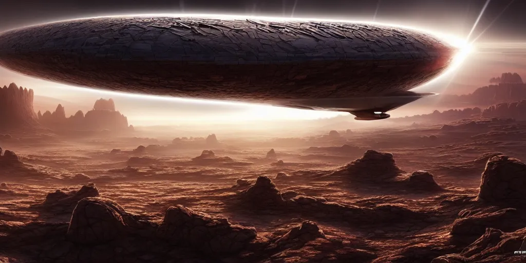 Image similar to giant tubular spaceship flying over rocky desert surface of planet, day, ultra high definition, ultra detailed, symmetry, god rays, sci - fi, dark fantasy, by paul chadeisson and denis villeneuve