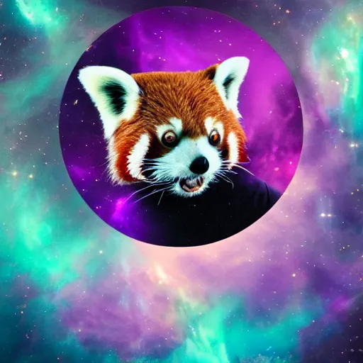 Prompt: Red Panda in space in front of a purple nebula