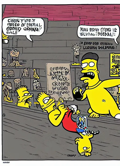 Image similar to matt groening comic depicting charles manson slipping on a banana peel