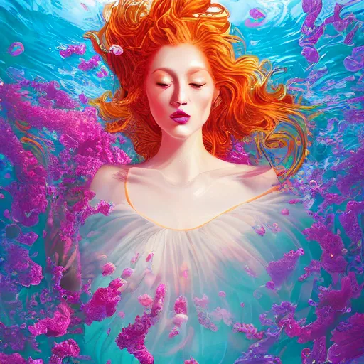 Image similar to Ginger woman in a swirling sundress of flowers, underwater, floral explosion, radiant light, vortex of plum petals, by WLOP, Tristan Eaton and artgerm, artstation, deviantart