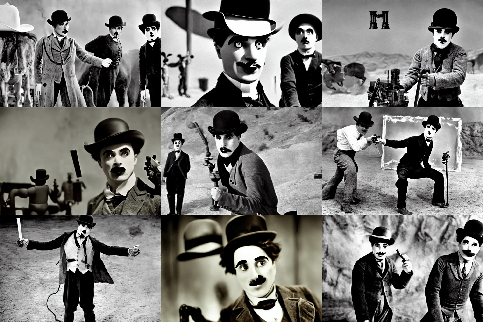 Prompt: charlie chaplin in westworld fighting robot cowboys, silent movie, cinestill, hd - photo, ninteenseventyfour