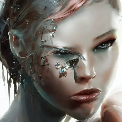 Image similar to portrait of a young woman with short pink spiky hair and dark eyes, intricate, elegant, highly detailed, digital painting, artstation, concept art, sharp focus, illustration, art by aleksi briclot, rutkowski