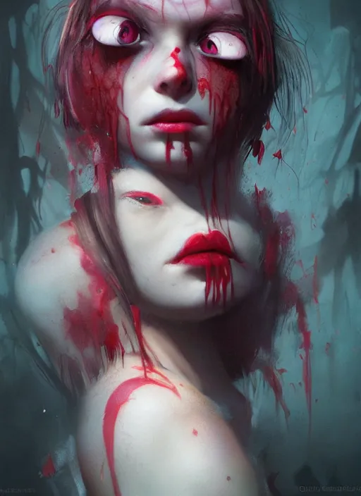 Prompt: profile of sinister girl with pouty aerochrome lips, fungal, unforgivable, cute bandaid on nose!!, expressive eyes, playful pose of a demon, greg rutkowski, charlie bowater, yuumei, stephen gammell, unreal 5, daz, hyperrealistic, octane render, rpg portrait, dynamic lighting, fantasy art, beautiful face