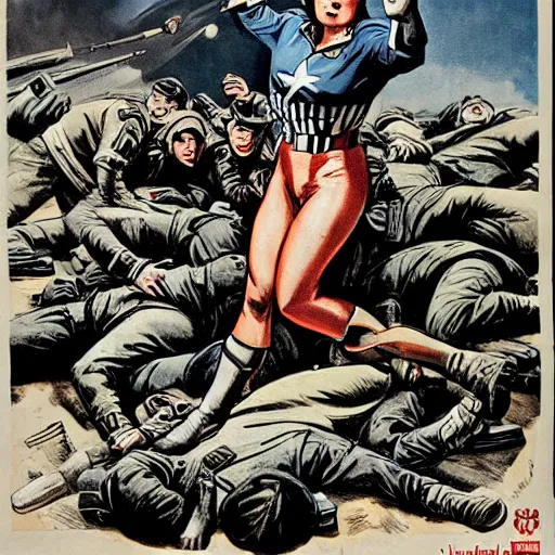 Image similar to female captain america standing on a pile of defeated german soldiers. wwii american propaganda poster by james gurney