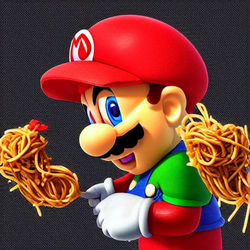 Prompt: Super Mario force-feeding spaghetti to Birdo.