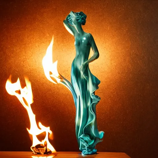 Prompt: a glass statue of fire sitting on a wooden table, high detail, complex