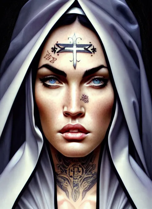 Image similar to portrait of megan fox as a nun with face tattoos, catholic, church, bible, christian, intricate, headshot, highly detailed, digital painting, artstation, concept art, sharp focus, cinematic lighting, illustration, art by artgerm and greg rutkowski, alphonse mucha, cgsociety