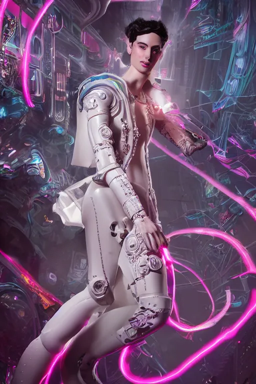 Image similar to full-body rococo and cyberpunk style porcelain sculpture of a young handsome seductive Peruvian android prince reaching for the sky, glowing pink laser eyes, crown of white gears and diamonds, swirling green-colored silk fabric. futuristic elements. full-length view. intricate artwork by caravaggio. Trending on artstation, octane render, cinematic lighting from the right, hyper realism, octane render, 8k, depth of field, 3D
