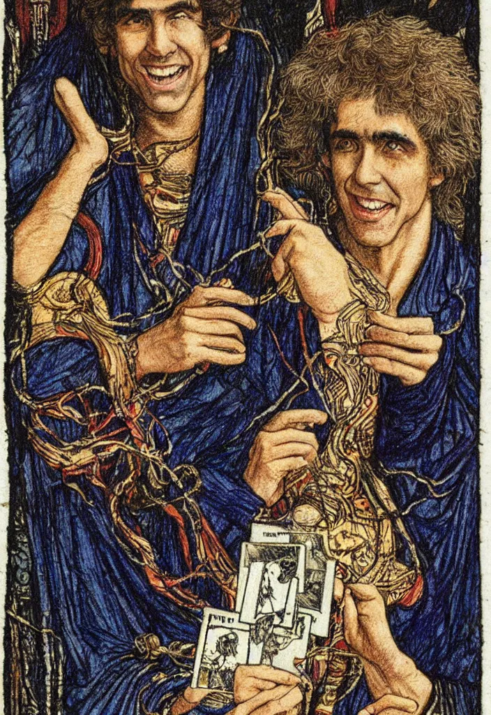 Image similar to Yoshua Bengio smiling drawn on the Tarot card. Illustration by preraphaelists.