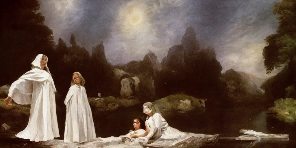 Image similar to hyperrealismBaptism on the river girls in white capes and death angels landscape in style of Goya