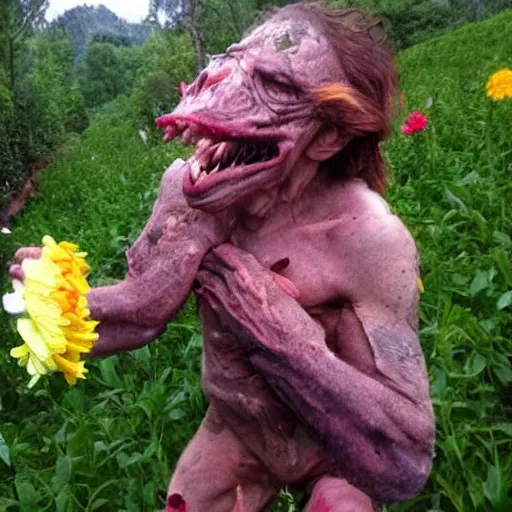 Image similar to the most disgusting monster in the world, holding and smelling a flower