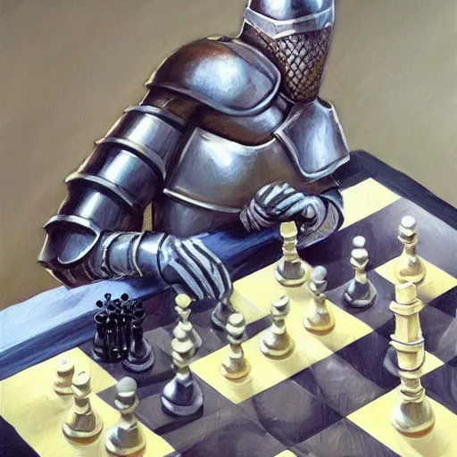 Prompt: knight in armor with mowhawk playing chess, oil painting, soft style, hyperrealism, beautiful, high resolution, trending on artstation