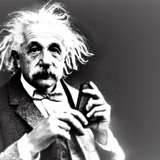 Prompt: a professional picture of albert einstein holding a phone