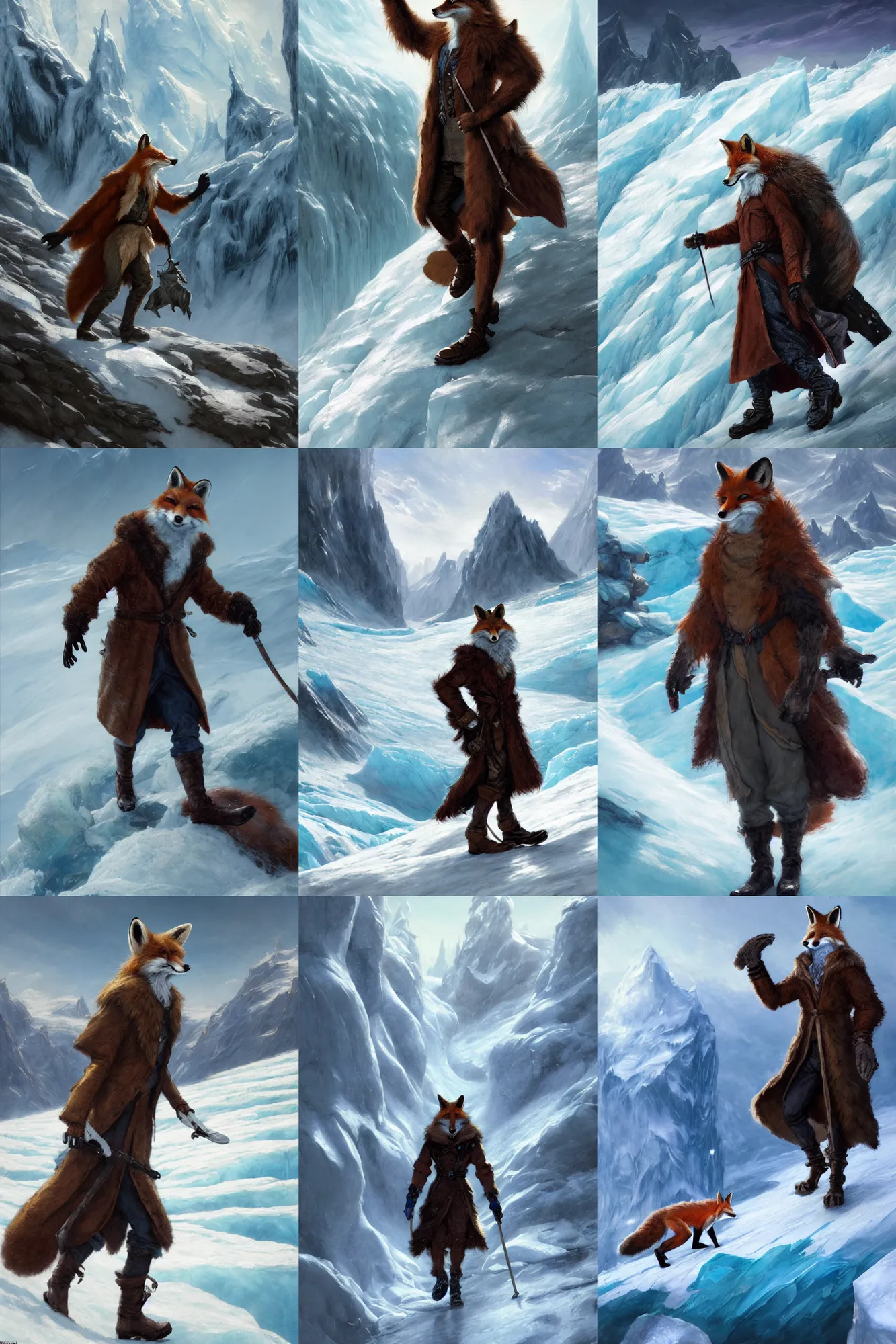 Prompt: an anthropomorphic fox man wearing a long coat walking across a glacier, character illustration by Aaron Miller, Greg Rutkowski, thomas kinkade, Howard Pyle, disney, El Greco, Cynthia Sheppard