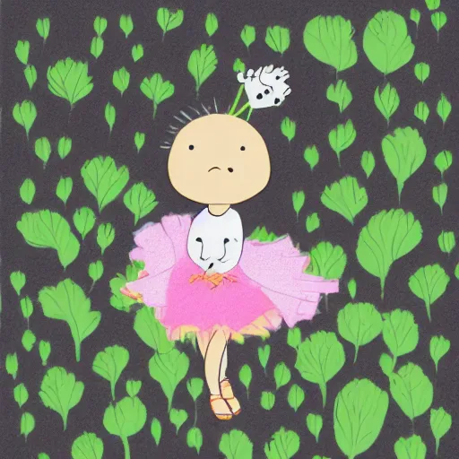 Image similar to an illustration of a baby daikon radish in a tutu walking a dog