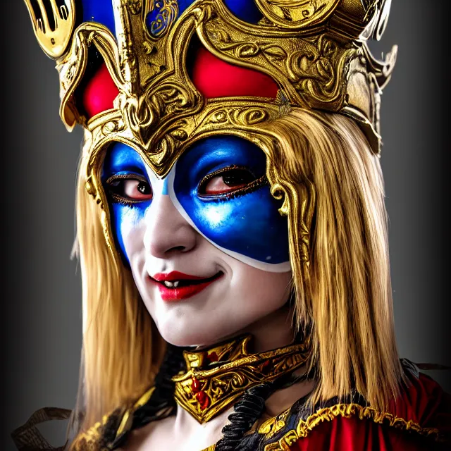 Image similar to female warrior jester with ornate venetian mask, highly detailed, 8 k, hdr, close up, smooth, sharp focus, high resolution, award - winning photo, artgerm