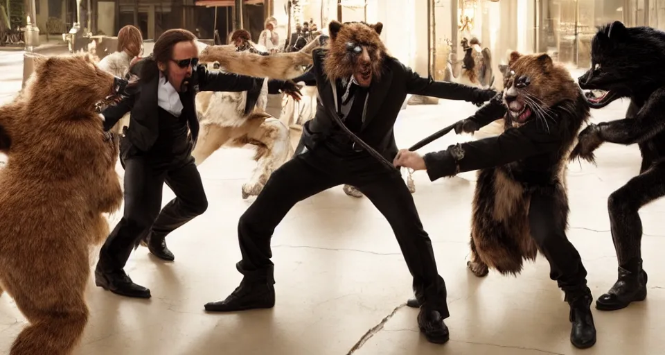 Image similar to still of nicolas cage beating up furry cosplayers, 4 k, 3 5 mm, choreographed fight scene, beautiful composition, shot by director park chan - wook