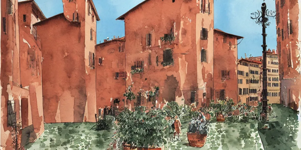 Prompt: watercolor, verona city by david hockney, sergio toppi