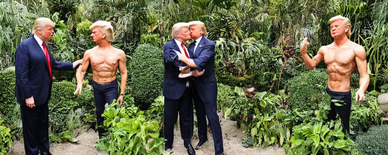 Prompt: Candid photo of shirtless donald trump kissing himself in a futuristic garden designed by Gucci