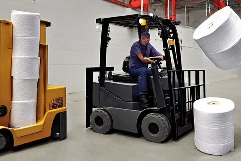 Prompt: a forklift made out of toilet paper