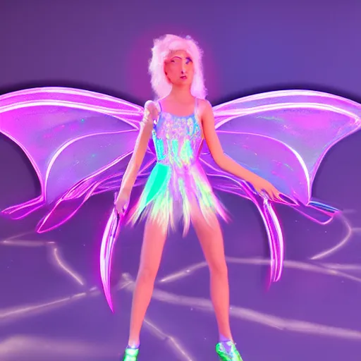 Image similar to neon fluorescent, iridescent beautiful fairies cyperpunk 2 0 7 7, unreal engine 5, 8 k ultra realistic, hyperdetailed, volumetric lighting, extremely high quality