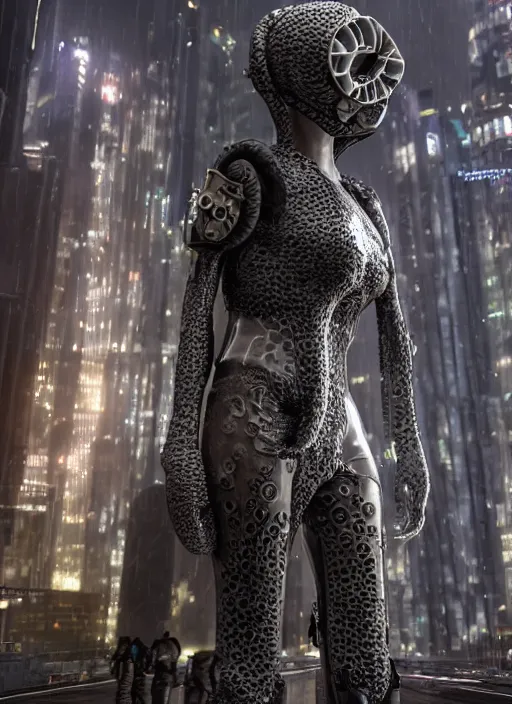 Image similar to hyperrealism, detailed textures, photorealistic 3 d cyberpunk octopus queen in apocalyptic city, futuristic clothing and helmet, ultra realistic, cinematic, intricate, low light, unreal engine 8 k