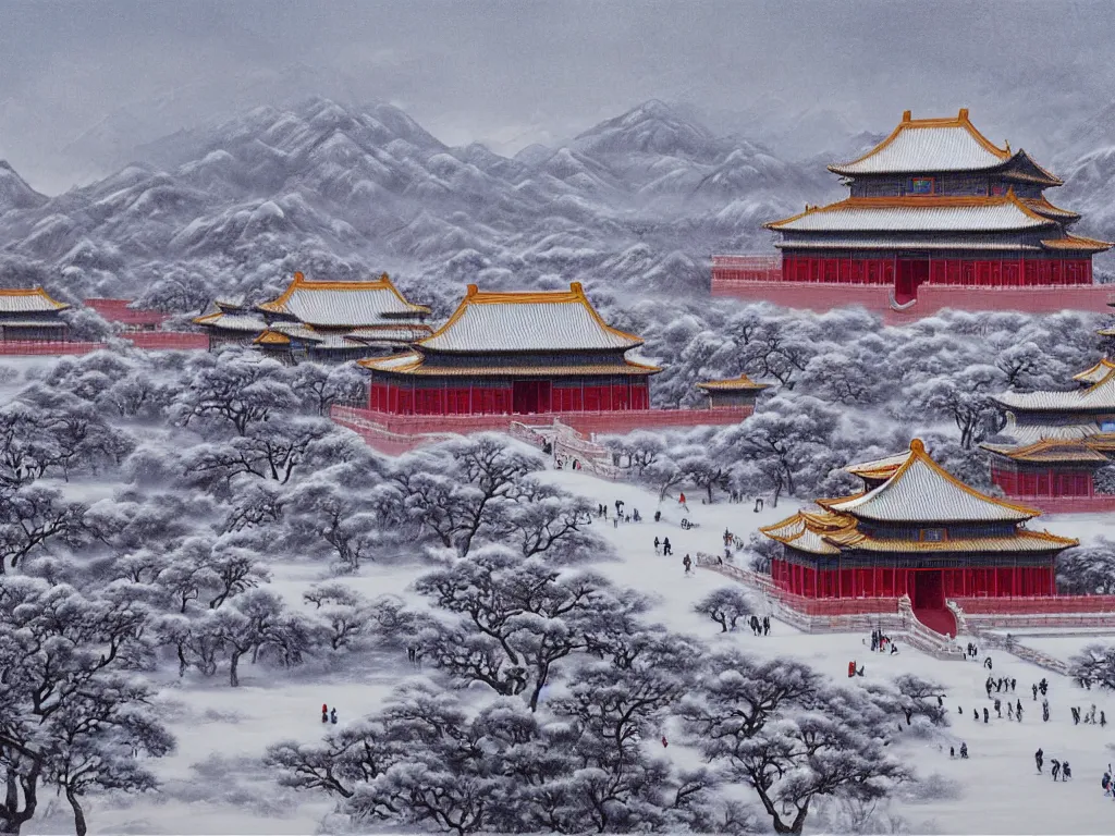 Image similar to forbidden city on snow mountain, highly detailed, cinematic landscape ， on a snowy day, oil painting style, by xu beihong