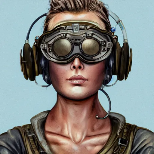 Image similar to highly detailed character concept art of stoic heroic emotionless square-jawed butch blonde tattooed woman engineer looking to side, wearing steampunk goggles and dirty ripped flight suit, on primitive planet, portrait, illustration, pulp sci fi, science fiction