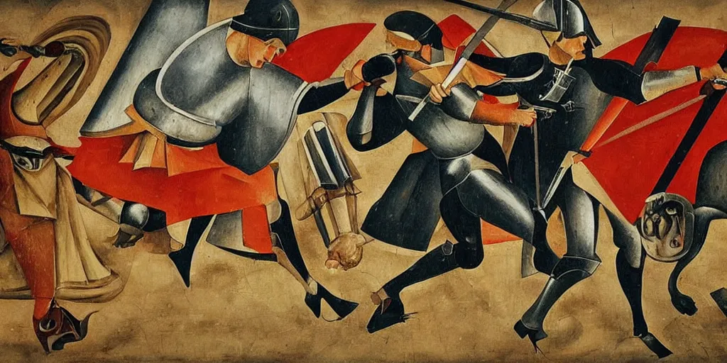 Image similar to italian futurism style painting of medieval knights dueling