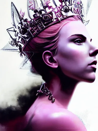 Image similar to pink portrait of beautiful female angel queen Scarlett Johansson head wearing shiny pink crown, subtle purple accents, hyper details, black metal rococo, sculpted by Alex Alice, Craig Mullins, yoji shinkawa, trending on artstation, beautifully lit, Peter mohrbacher, hyper detailed, insane details, intricate, elite, elegant, luxury, ray of light through smoke, CGsociety, hypermaximalist, golden ratio, volumetric, octane render, weta digital, micro details, 3d sculpture