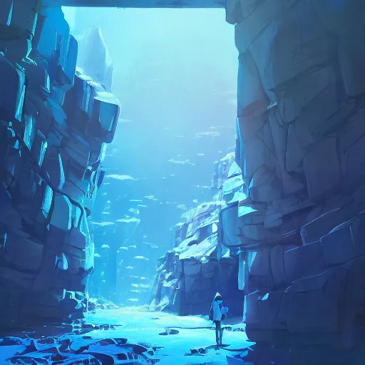 Image similar to concept art painting of a mineshaft with giant blue crystals, realistic, detailed, cel shaded, in the style of makoto shinkai and greg rutkowski and james gurney