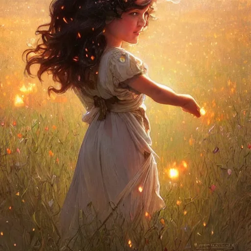Prompt: A little girl with shoulder length curly brown hair with a happy expression wearing a summer dress dancing with fireflies, she is in the distance. beautiful fantasy art by By Artgerm and Greg Rutkowski and Alphonse Mucha, trending on artstation.
