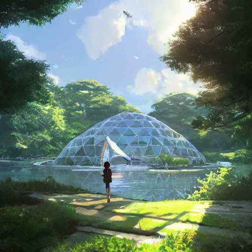 Image similar to geodesic dome in front of a lake with gardens and waterfall, gapmoe kuudere moody lighting stunning bokeh highlights sharp contrast | trending pixiv fanbox | by greg rutkowski makoto shinkai takashi takeuchi studio ghibli