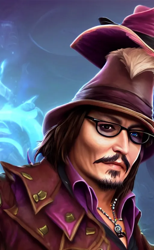 Image similar to Johnny Depp as a character in the game League of Legends, with a background based on the game League of Legends, detailed face, old 3d graphics