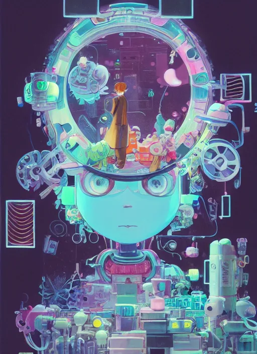 Image similar to a kawaii gouache painting, by yoshitaka amano, by victo ngai, by shaun tan, by good smile company, detailed anime 3 d render of an attractive male modular mechanical android, portrait, cgsociety, by peter mohrbacher, by lisa frank, futuristic setting, gel lighting neon glow