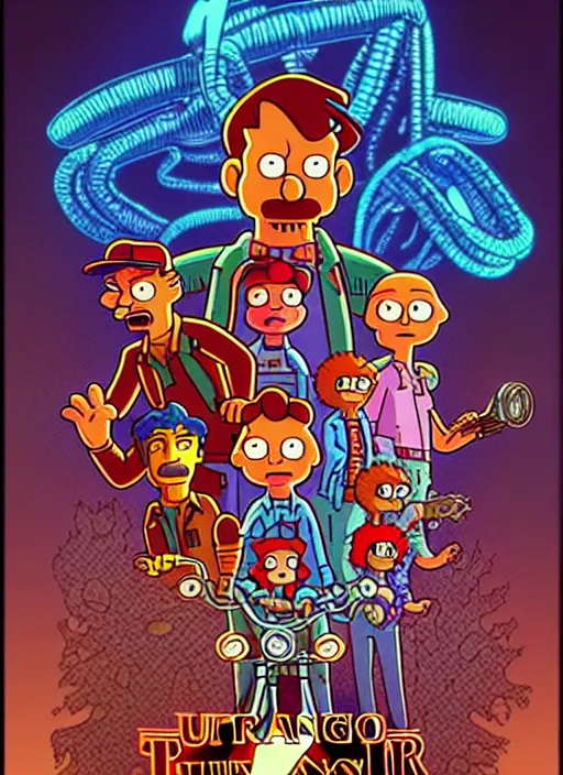 Prompt: scene from the animated version of Futurama Stranger Things with Jim Hopper and Demogorgon, cartoon, detailed faces, high resolution, hyper detailed, intricate, illustrated, dramatic lighting, illustration, concept art, smooth, sharp focus, art by Alphonse Mucha and Matt Groening !n-9