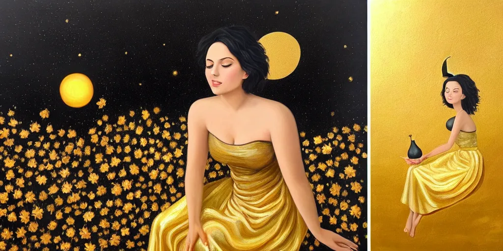 Prompt: very realistic beautiful painting of a woman with short black hair with golden details in it wearing a long metallic golden skirt covering her whole body holding flowers and levitating a pear, sun on the left moon on the right as she is sitting on a rock at night time, hyper realistic 8K HD, highly detailed