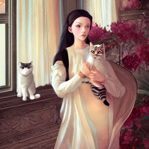 Image similar to portrait of a russian princess in her castle holding a cat in her hand, in the style of ilya kuvshinov and miho hirano, artstation, high quality art, super detail