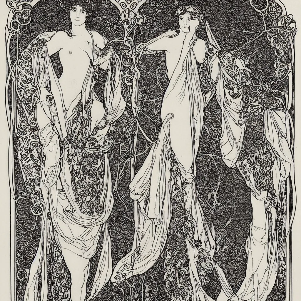 Prompt: a monochromatic art nouveau, engraving by Mucha, engraving by Beardsley