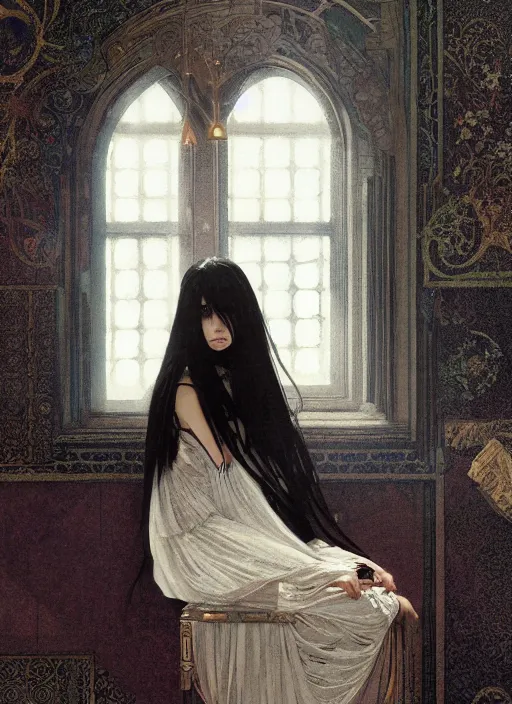 Image similar to a lonely young girl with straight long black hair wearing black dress that sitting on bathroom floor, art by artgem, greg rutkowski and alphonse mucha